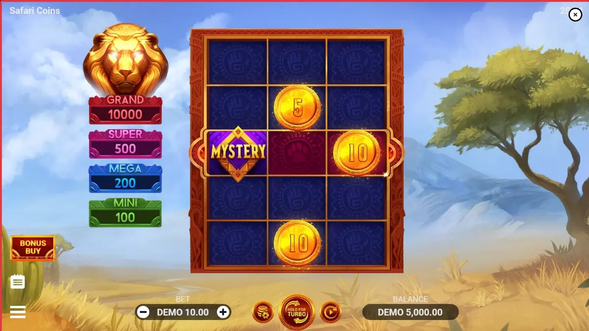 Tampilan visual slot Safari Coins dengan latar belakang sabana Afrika yang memukau