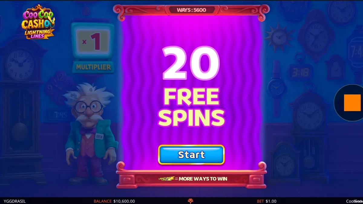 Tampilan antarmuka slot Coo Coo Cashoo dengan tema jam dan penemu eksentrik