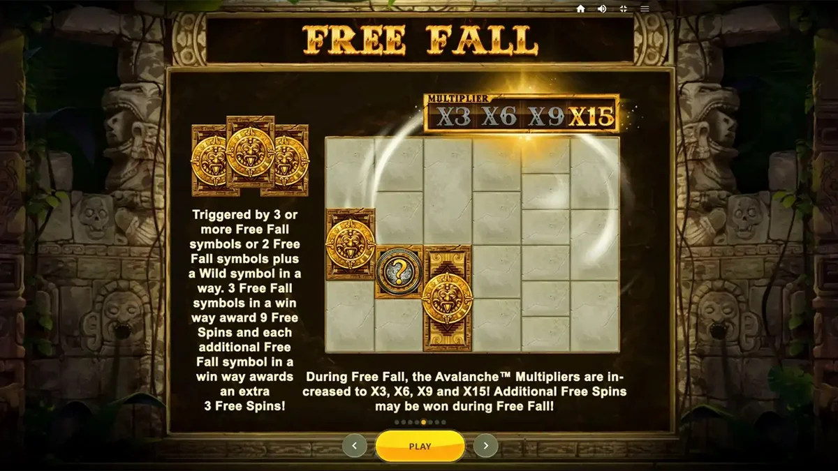 Gonzo’s Quest Megaways slot dengan latar belakang reruntuhan hutan kuno dan mekanisme gulungan yang unik.